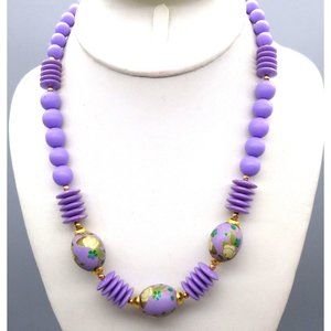 Vintage Purple Elegance Necklace with Hand Painted Floral Beads, Lightweight